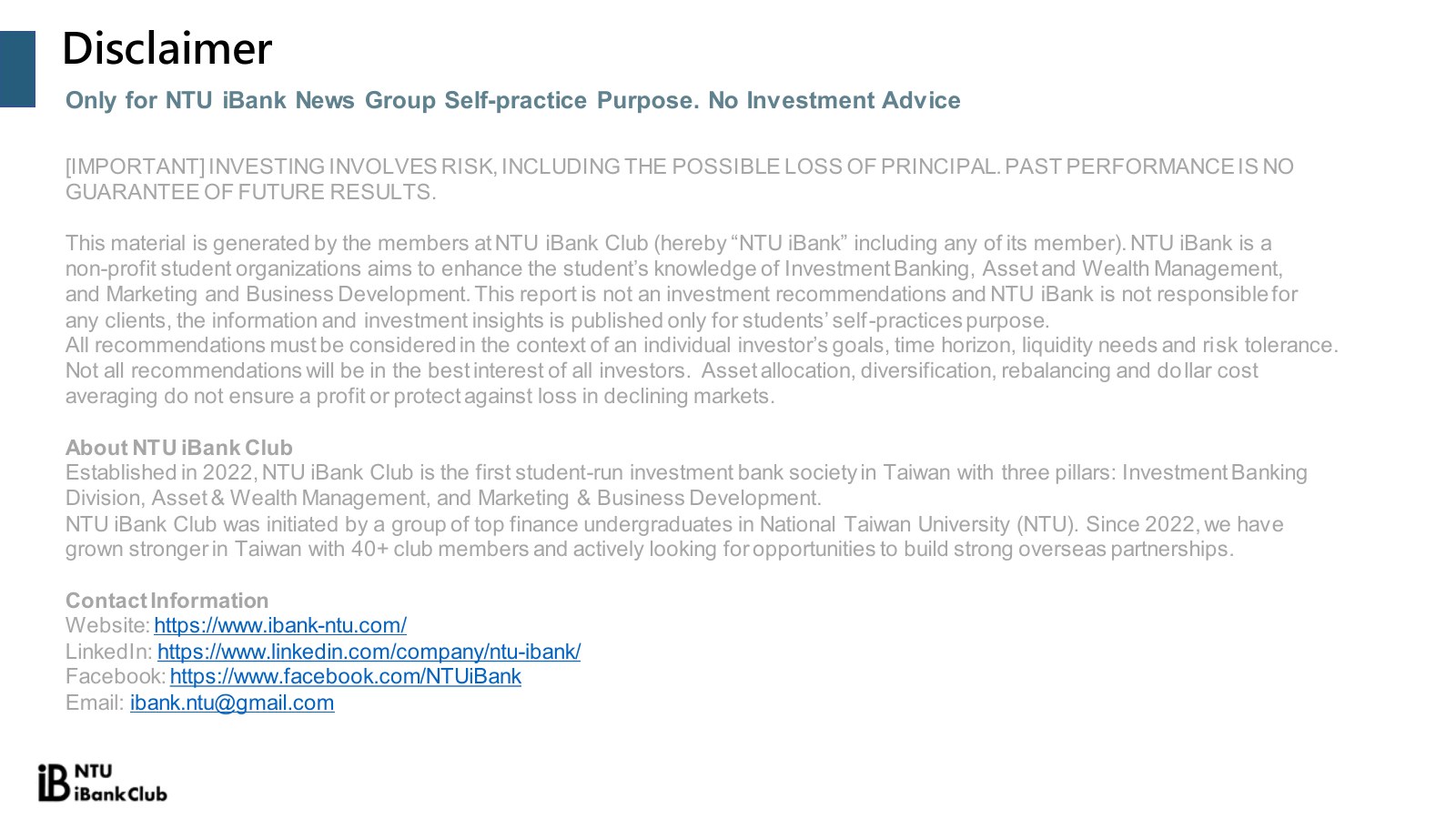 Disclaimer and NTU iBank Club information